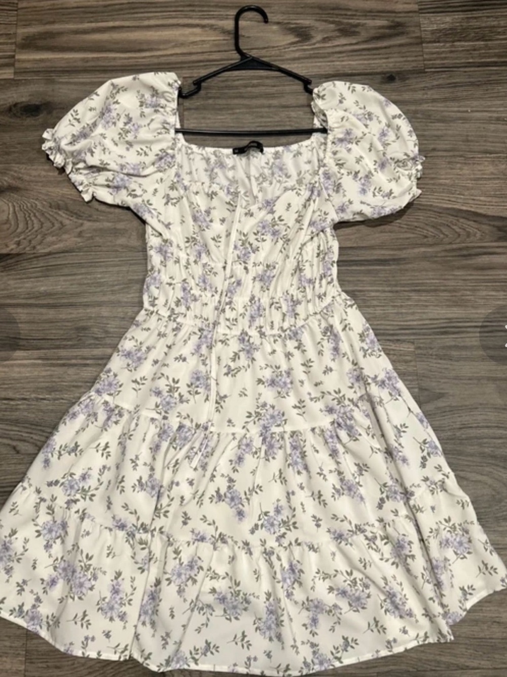 White Floral Midi Dress with Puff Sleeves M NWOT